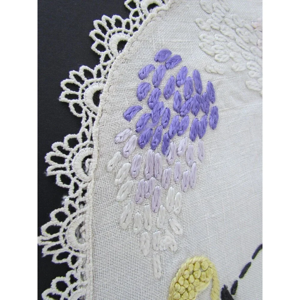 Vintage Butterfly Floral Doily Dresser Scarf Embroidery Set Linen Crochet Edges